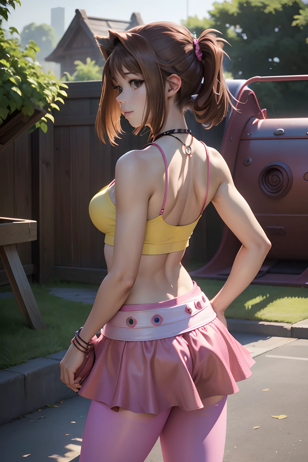 anzu, masterpiece, highest quality, beautiful and aesthetic, very detailed, realism, waifu, sexy, slim waist, standing back side view, leaning, seductive smile, brown hair color, yellow tank top, pink skirt, pony tail, white belt, necklace, leggings, play park, full body,