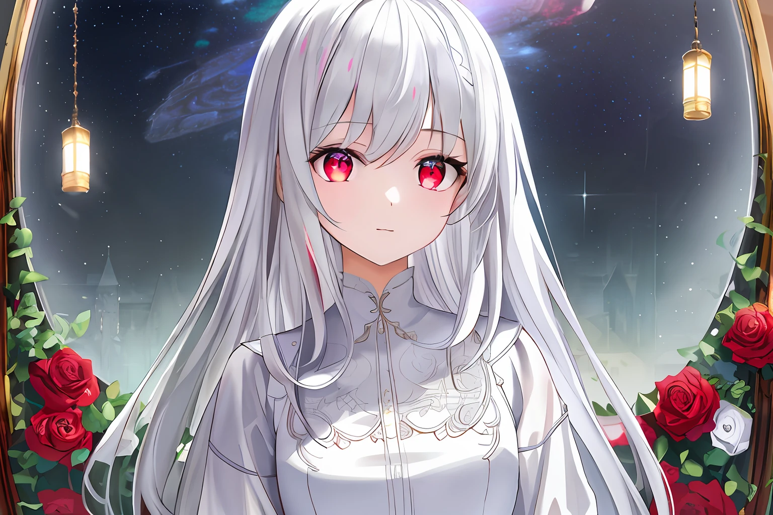 ((Masterpiece, Best quality))++, Detailed light+, Detail hair+, detail hand+ ,1girll, woman, Long hair, dark red eye, Beautiful eyes, Young gray hair,,(Beautiful white hair:1.5),(Beautiful detailed eyes), high resolution+, Rose, White skirt, Glass tones, Reflective eyes, ((Halo)), {{Angle}} , extremelydetailedwallpaper, Original,