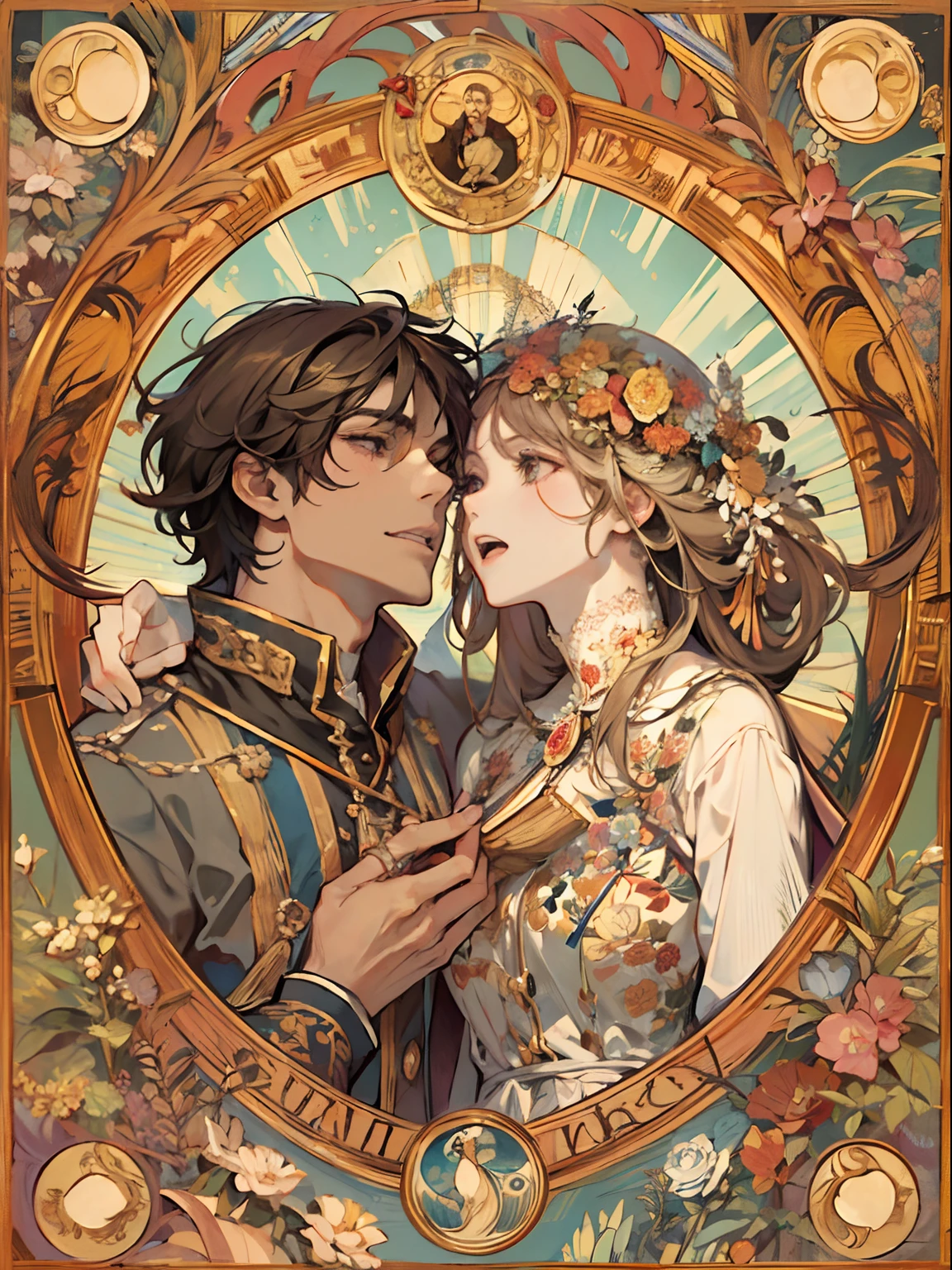(absurdres, highres, ultra detailed), 1 young man, 1 young woman, couple, two people, finely detailed eyes and detailed face, the lovers \tarot\, Symbolism, Visual art, Occult, Universal, Vision casting, Philosophical, Iconography, Numerology, Popularity, Artistic, Alfons Mucha