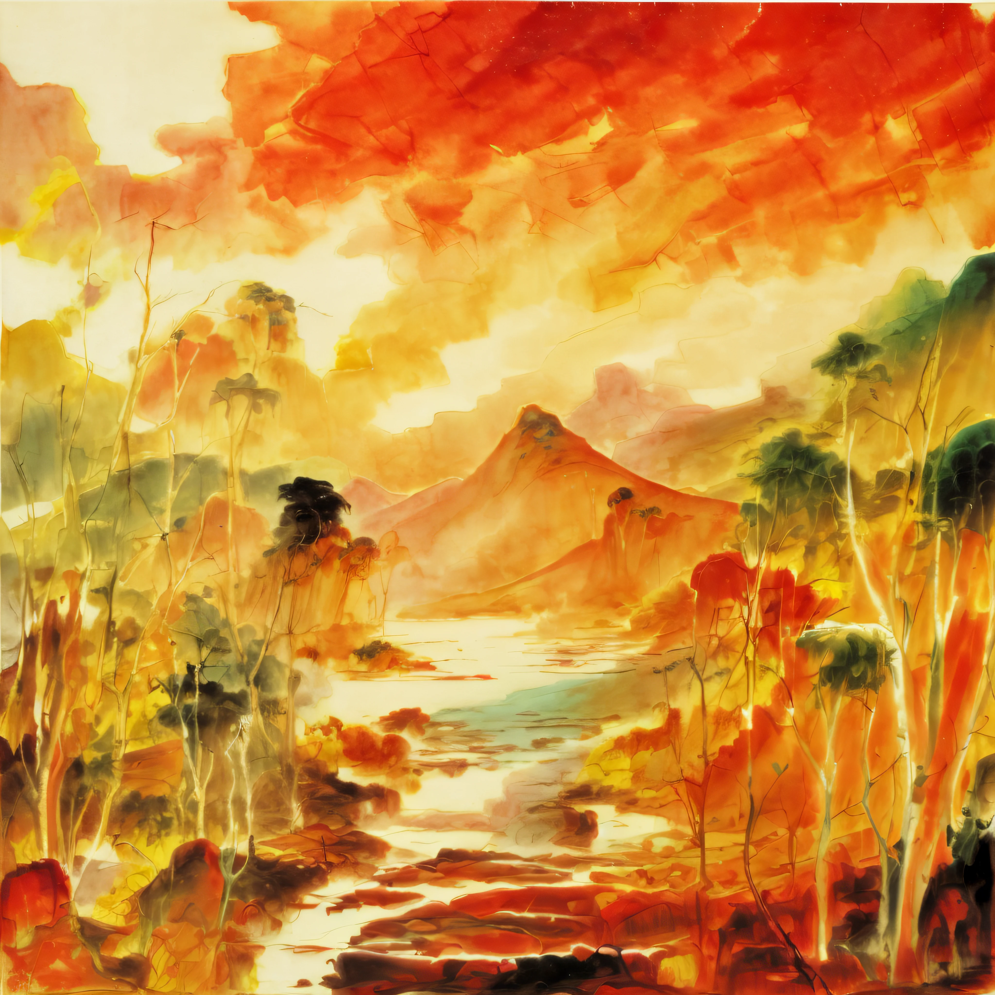 painting of a mountain with a lake and trees in the foreground, inspirado em Scott Naismith, Directed by: Scott Naismith, pintura vibrante, brightly coloured oil on canvas, inspirado em James Pittendrigh MacGillivray, vibrant oil painting, vivid abstract landscape, cheio de cor w 1024, inspirado na Igreja de Frederico, pintura de paisagem colorida, vivid landscape
