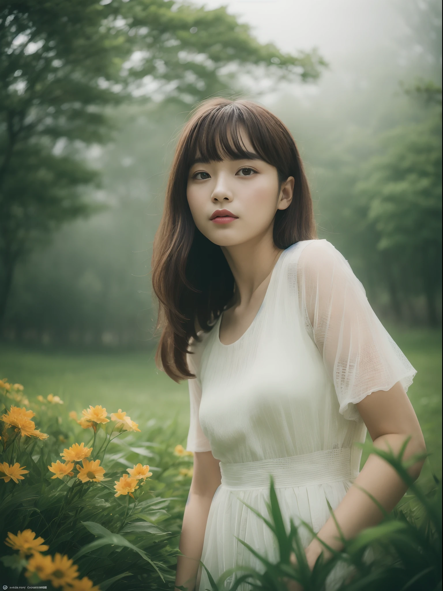 Full body shot, From Side, (8K, Raw photography, top-quality, masuter piece:1.2), ultra-detailliert, ultra res, (realisitic, rialistic photo:1.37), (14 years old girl, Bangs, detailed dress, pumps, Pose showing clothes), semi long hair, (Morning fog:1.5), Morning sun shining, In the forest surrounded by many flowers and grass, musgo, Very beautiful scenery, Retro portrait