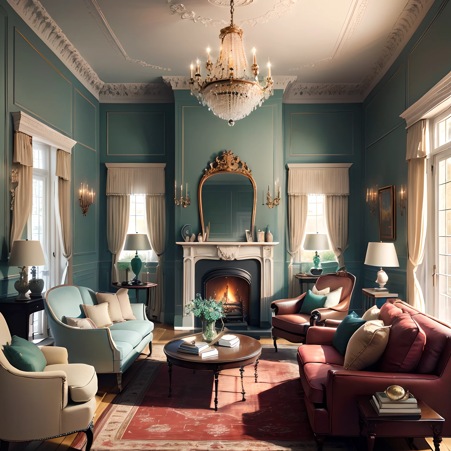 /Real photo, living room interior design with a combination of French and Scandinavian style with a luxurious chandelier