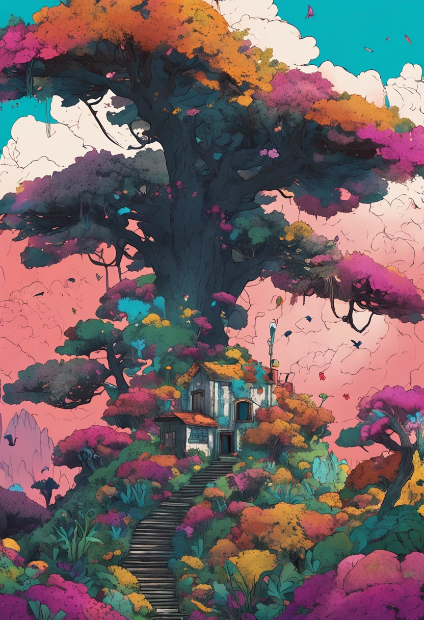 paysage fantastique, Nausicaa, rivers and waterfalls, very colorful images, beaucoup de fleurs, (Uneven terrain:1.6), (Colorful fungal houses recovered: 1.5), (buissons moelleux: 1.1), vent, Cumulonimbus Cloud, cirrus, thick silhouette, silhouette pointue, extreme details, 8k, UHD, grain du film