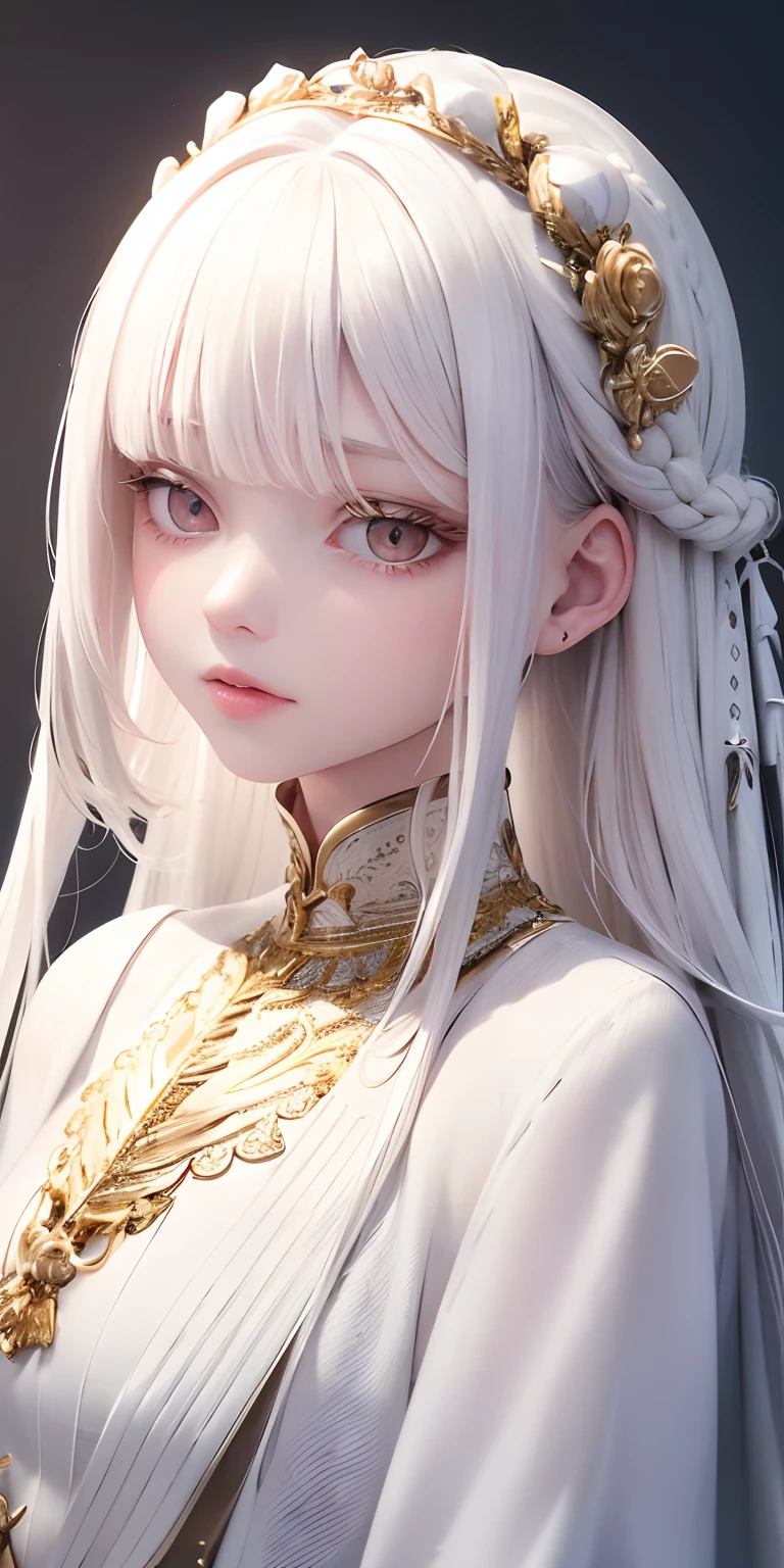 best quality, masterpiece,white hair, gold eyes,white clothes, looking up, upper body,hair strand,Fair skin,side braids