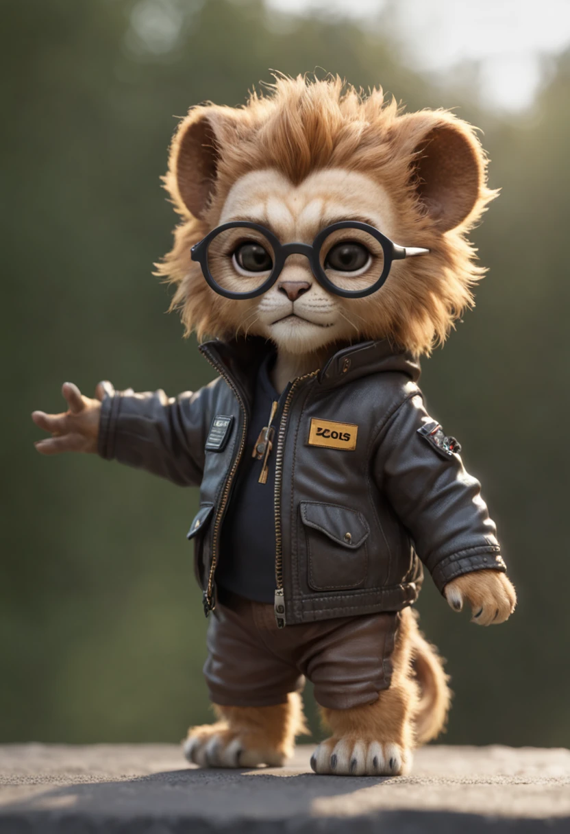 in full growth mini cute cub lion cyberpunk in jacket, nano-glasses, nano-devices, boombox, isometric view, cinematic, hyperrealistic, backlighting,extreme low-angle, highly detailed, zoomed out, rendered in unreal, 8K