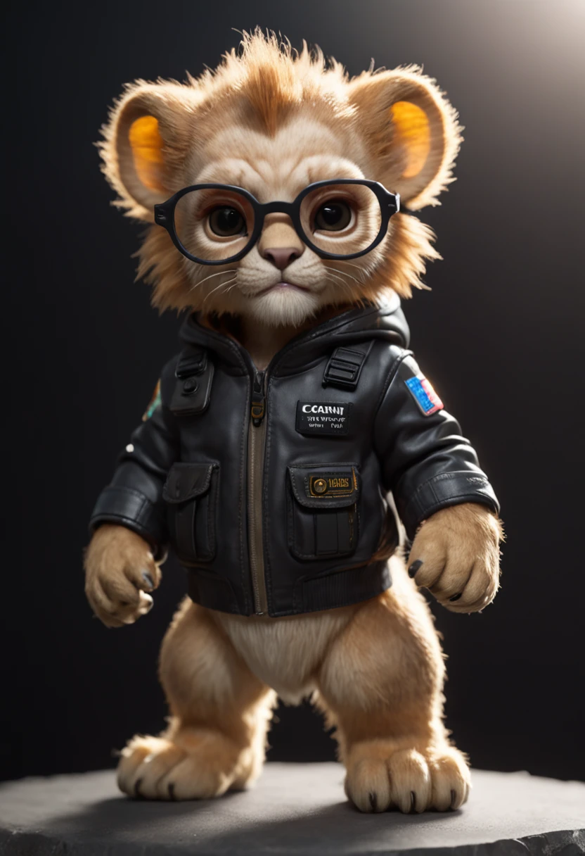 in full growth mini cute cub lion cyberpunk in jacket, nano-glasses, nano-devices, boombox, isometric view, cinematic, hyperrealistic, backlighting,extreme low-angle, highly detailed, zoomed out, rendered in unreal, 8K