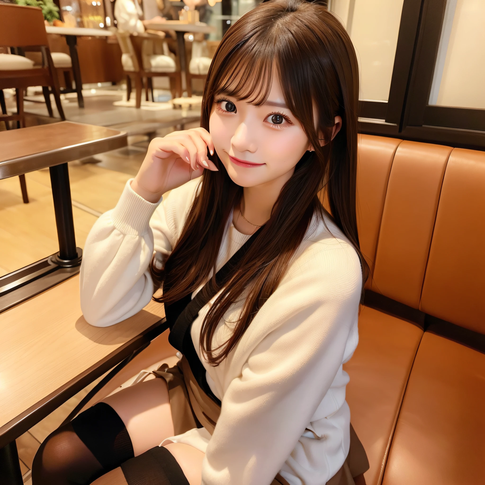 Woman sitting at table with coffee in hand, thighhighs and skirt, sitting on a mocha-colored table, Cute elegant pose, mysterious coffee shop girl, sitting in a cafe, Cute Woman, Casual pose, Engaging pose, elegant japanese woman, korean female fashion model, sitting in a cafe alone, in coffee shop