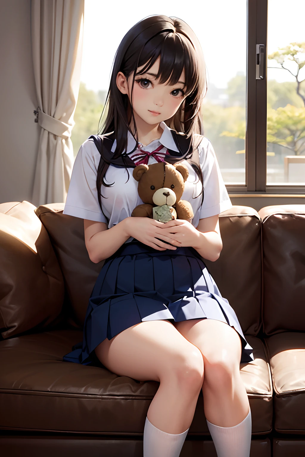 There is a woman sitting on the sofa with a teddy bear, Cute Schoolgirl, anime thai girl, dressed as schoolgirl, a hyperrealistic schoolgirl, a hyperrealistic schoolgirl, of a schoolgirl posing, Realistic Schoolgirl, japanese girl school uniform, School Girl, wearing japanese school uniform, Japan school uniform, Young Sensual Gravure Idol