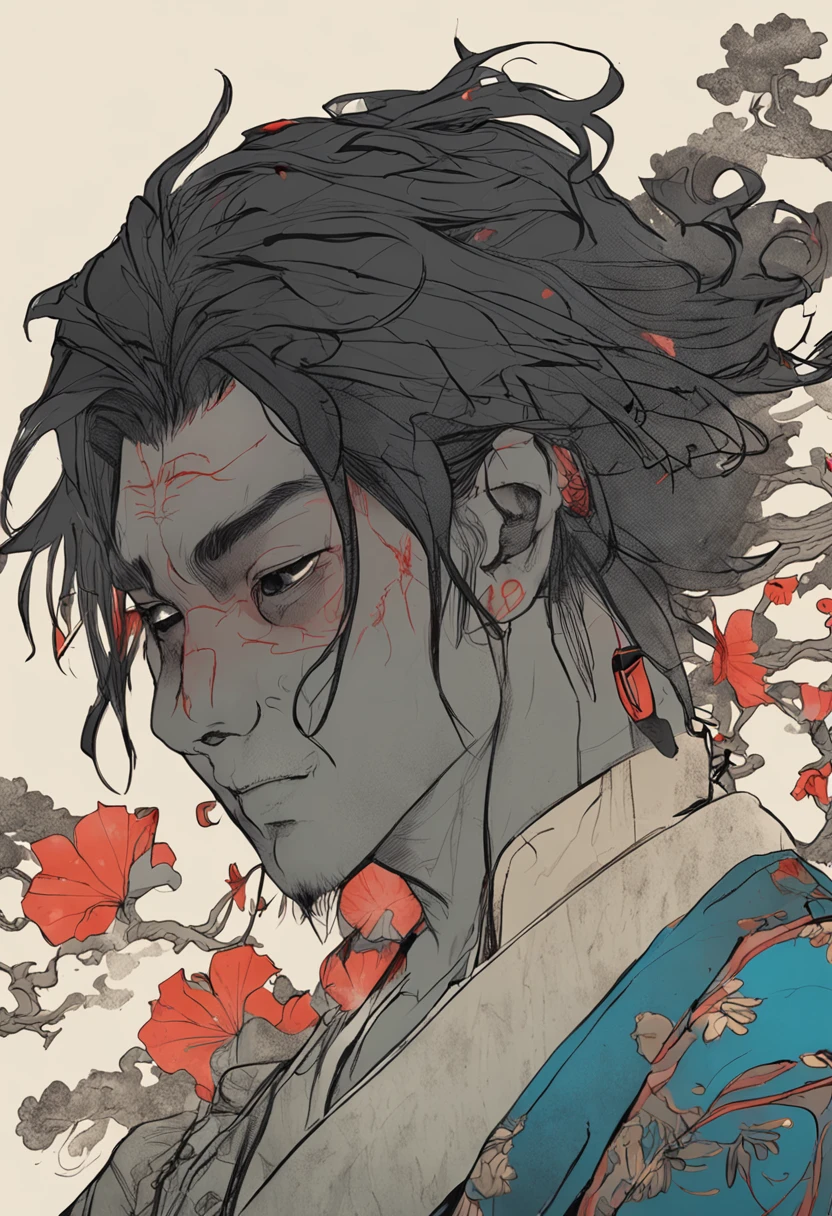 (Highest quality:0.8), (Highest quality:0.8), Perfect illustration((masterpiece, Highest quality))Kenshin Ayamura (battousai),Portraiture,Highly detailed eyes and face,Historical Samurai,Peaceful Expressions,Flowing red hair,A look of determination,Traditional clothing of Japan,Traditional swords,Beautiful cherry blossom background,Drawn in a dynamic pose,Soft indirect lighting,Vibrant colors, X on face, X mark on left cheek, X on face is dark, X on face is big