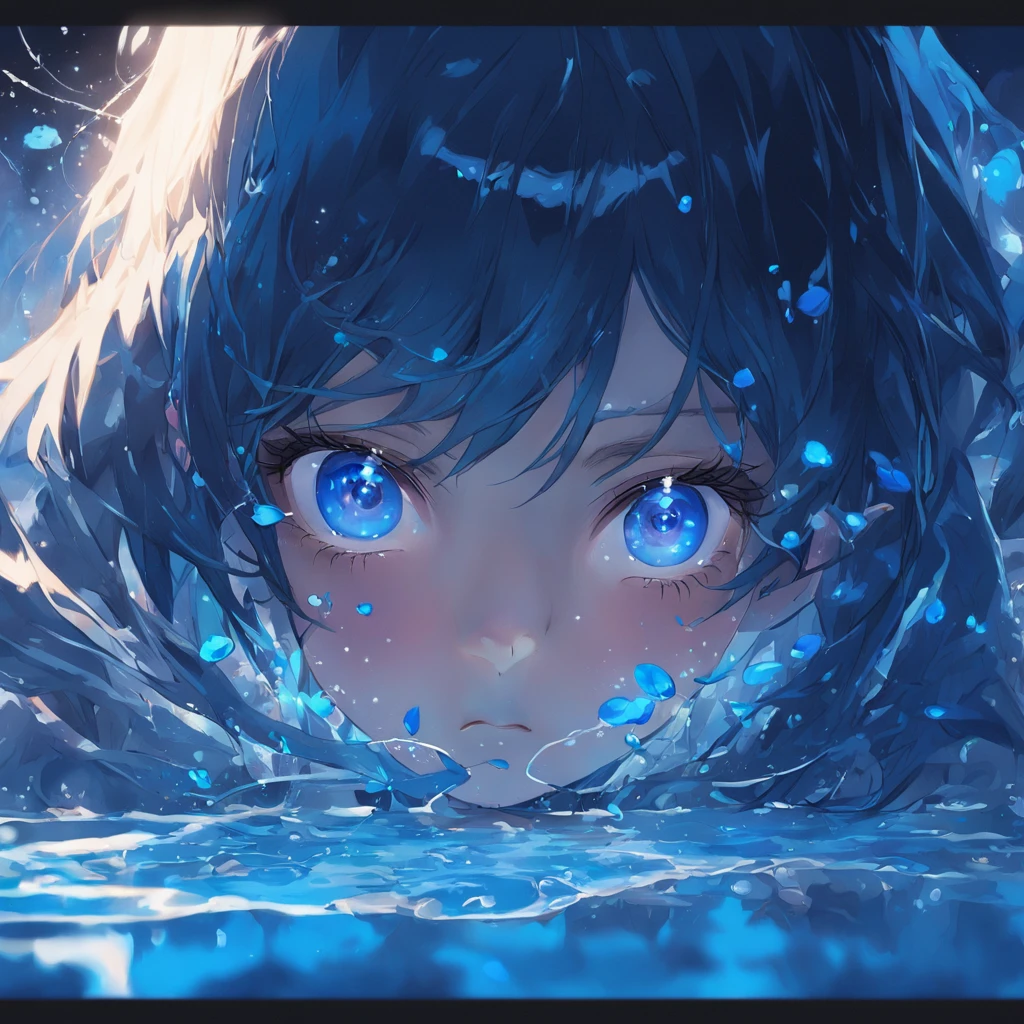 An extremely close up portrait with low exposure inspired by the cover art of Wind of Change by MAXPVNK, of a dark blue haired girl facing the camera, her face submerged up to nose level in clean, still, glowing neon blue lent water, only her blue eyeballs visible shining brightly in focus beneath the glowing surface looking directly at the viewer, small delicate blue flowers decorating her hair, against a dark blurred background, intricate water ripples radiating from her nose, digital painting in highly detailed niji anime art style, --ar 1:1 --niji
