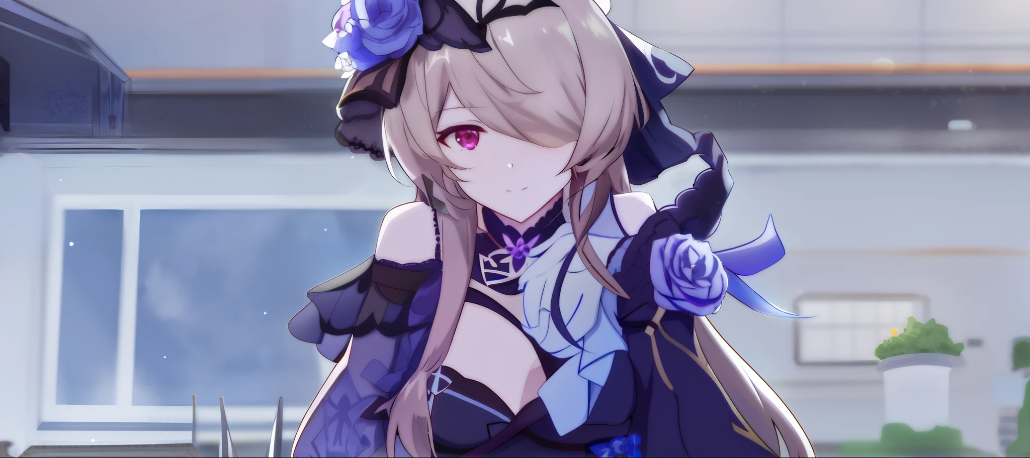 anime girl with long hair and purple dress holding a knife, Ayaka Genshin impact, A scene from the《Honkai III》videogame, azur lane style, 《Honkai III》role, from girls frontline, ayaka game genshin impact, granblue fantasy, Fine details. Girl Front, From Arknights, Genshin impact's character, marisa kirisame, girls frontline style