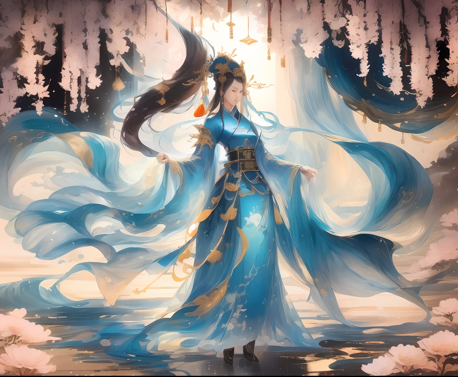 A woman in a blue dress holds a sword, full-body xianxia, by Yang J, a beautiful fantasy empress, queen of the sea mu yanling, author：Qu Leilei, Inspired by Ai Xuan, G Liulian art style,(Masterpiece,Super beauty,Best quality:1.2),Super quality,Detailed,the wallpaper,