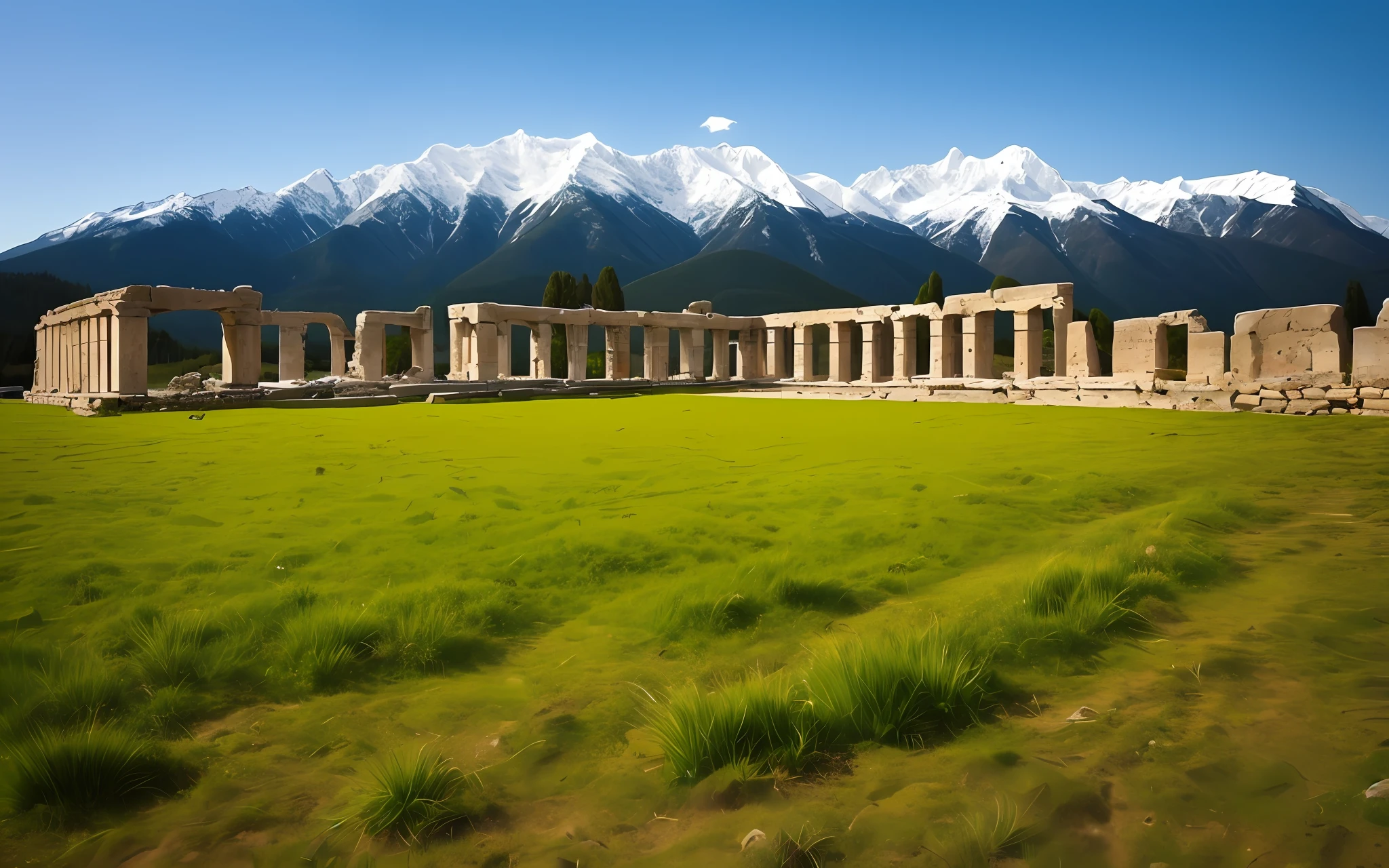snow mountains,grass field,Ancient ruins,