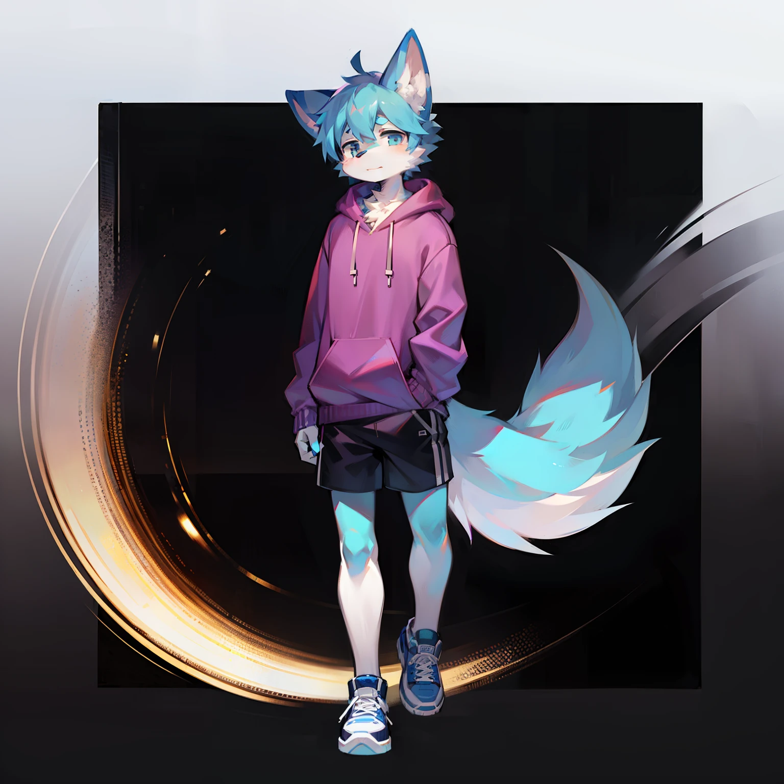 Anime furry，Blue hair，Wearing a purple sweatshirt，2D anime style with black sneakers and white sneakers, Single character full body, 2 d style, full body adoptable, full body single character, 2d anime, full body portrait of a short!, fursona wearing stylish clothes, full body character, anime style character, Anime boy