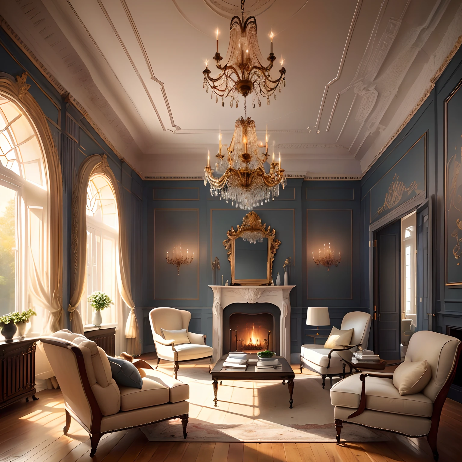 /Real photo, living room interior design with a combination of French and Scandinavian style with a luxurious chandelier