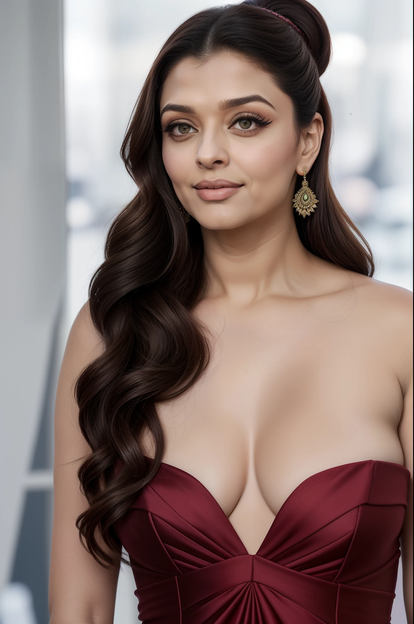 Aishwarya Rai Bachchan in cannes red carpet, green off shoulder cowl neck deep neckline satin dress, milf body, naked milf body show exposing, no bindi, thigh high boots, bending and showing massive cleavage, giving seductive pose for photographers, navel out, breasts visible show, 90% breasts popping out, hourglass figure, massive breasts, nipple slip, look at camera and tease, high tied ponytail hair, erotic adult face, 43 yo, soft volumetric lights, intricate details, (ArtStation:1.2)