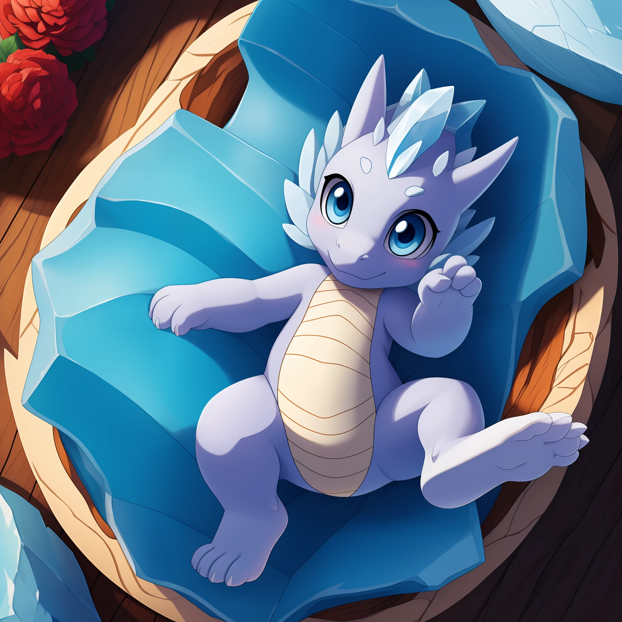 A baby dragon，Very cute，possession A pair of blue eyes，((((whole body))))，There are no humans，Whole Body，Glacier，Super high detail，8KPicture quality，Perfect fingers，Extremely detailed finger，The hand of extreme detail，Perfect hands，Extremely detailed feet，Perfect feet，The perfect arm，Best picture quality，Shy，Extremely detailed body，Animalization，Very high resolution，8K resolution，Perfect facial features