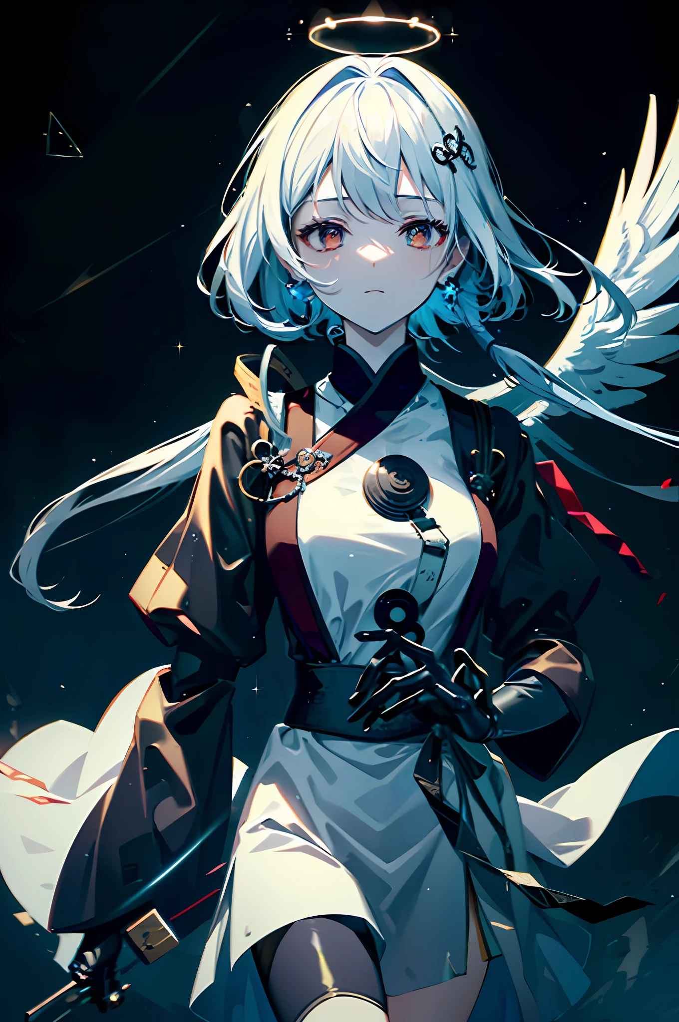 Top quality, masterpiece, absurdity, highly detailed 8K wallpaper, BREAK, (high contrast RGB color angel wings), BREAK, ( High contrast RGB effect, LED effect, kaleidoscope effect, shining effect, glitter RGB effect), (ripple effect: 1.2), BREAK, beautiful mechanical girl, (mechanically glowing antennas attached to the ears: 1.1), (closed eyes: 1.1), BREAK, (mechanical joints, mechanical limbs and fingers, exoskeleton spine and coccyx: 1.2), (mechanical halo), full body, fantastic starry sky, outstretched_arms, five fingers, (Symmetrical),Longhaired Beauty,Tall and tall,Tang dynasty,Ancient China,Red eyes,The eyes are cold and evil,Chinese face,Impeccable,delicated,Ancient Hanfu,period costume,(Background with:Dark and terrifying,Countless ghosts,terroral,thriller)Cursed girl,Chinese horror,The mask is half masked,Ancient design sense mask,