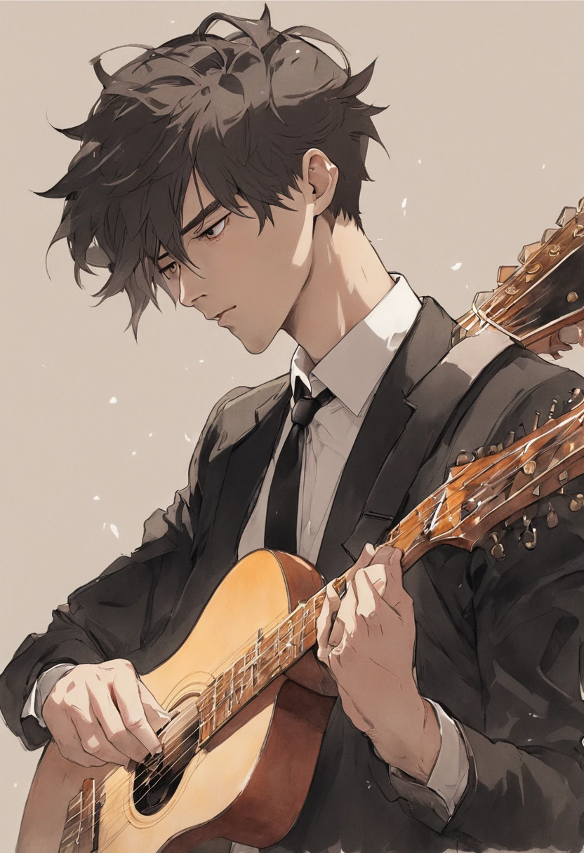 [On a blank piece of paper, A realistic portrait of handsome James playing guitar is drawn in graphite pencil. He is in the profile, Look ahead with serious eyes, Condensed expression. He wears a black suit，With a bow tie. He holds the guitar with both hands..., Supporting his chest. The guitar has gold and black details. The design is inspired by Will Costa's style, Brazilian illustrator doing surreal work with pencil.]