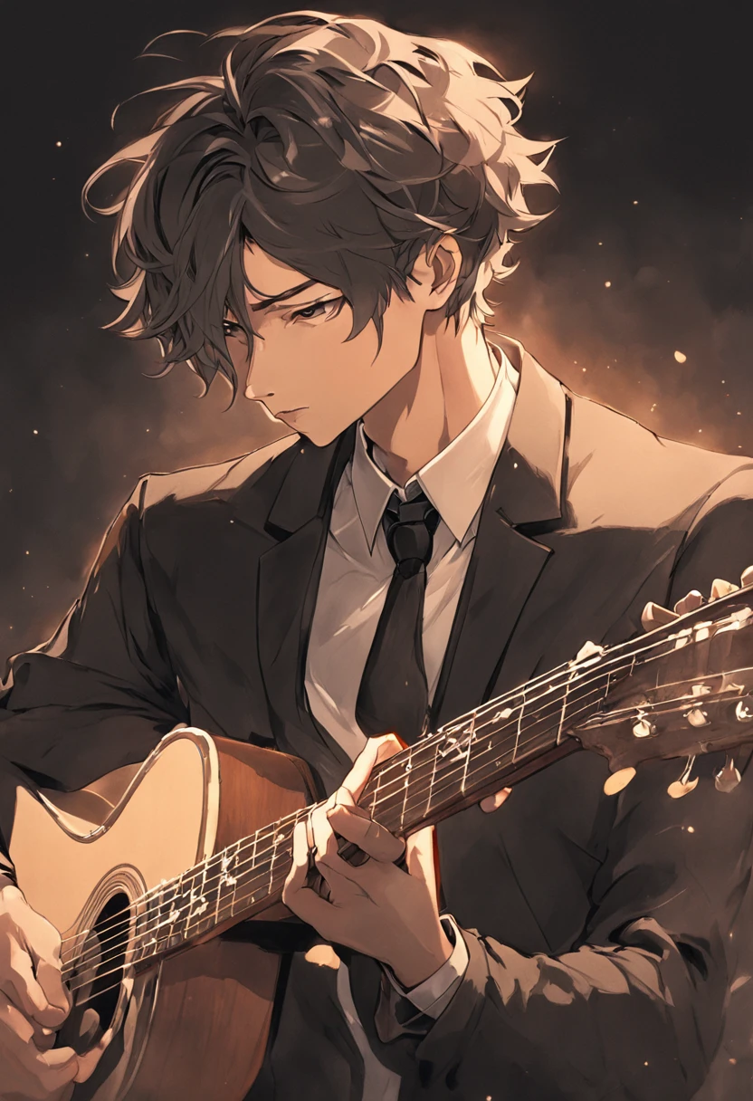 [On a blank piece of paper, A realistic portrait of handsome James playing guitar is drawn in graphite pencil. He is in the profile, Look ahead with serious eyes, Condensed expression. He wears a black suit，With a bow tie. He holds the guitar with both hands..., Supporting his chest. The guitar has gold and black details. The design is inspired by Will Costa's style, Brazilian illustrator doing surreal work with pencil.]