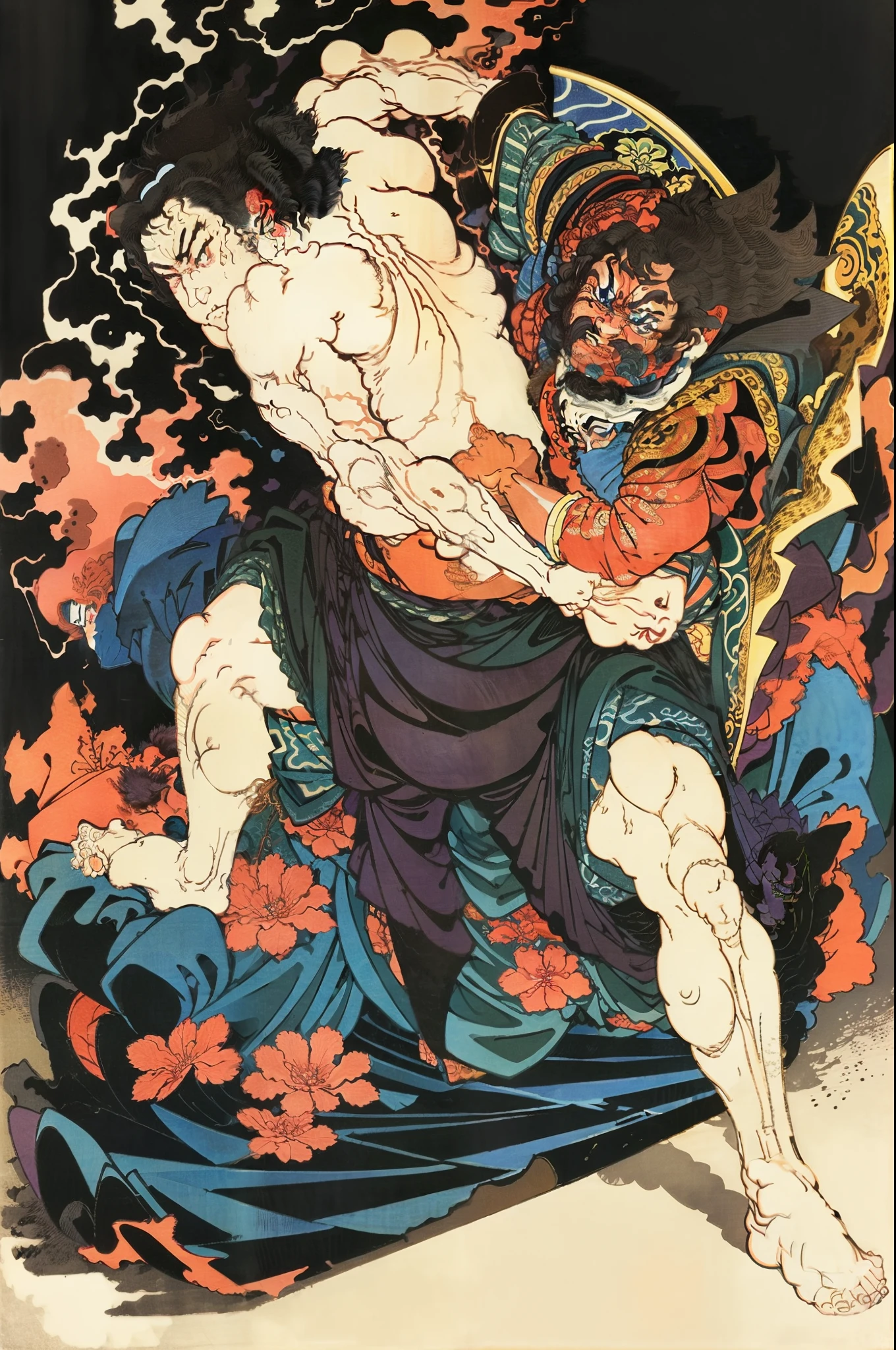 full bodyesbian，Big lance，the whole，Extreme detail description,Utagawa Kuniyoshi,(Emotional physical movements:1.3), Best quality,(White background)