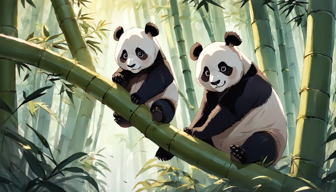 "Perched on panda bear trees,Leaves and branches drift,Cute giant panda,highly detailed digital painting,Beautiful panda,Yang Jie's work,Cartoon animal portrait,In the bamboo forest,Directed by Liang Kai,beautiful detailed digital art,Ni Tian's work,high quality digital painting,perfect brown eyes,Smiling with bamboo and leaves。"