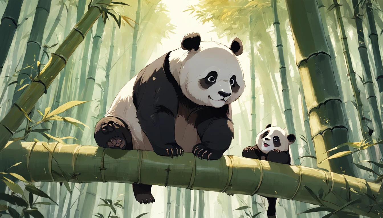 "Perched on panda bear trees,Leaves and branches drift,Cute giant panda,highly detailed digital painting,Beautiful panda,Yang Jie's work,Cartoon animal portrait,In the bamboo forest,Directed by Liang Kai,beautiful detailed digital art,Ni Tian's work,high quality digital painting,perfect brown eyes,Smiling with bamboo and leaves。"
