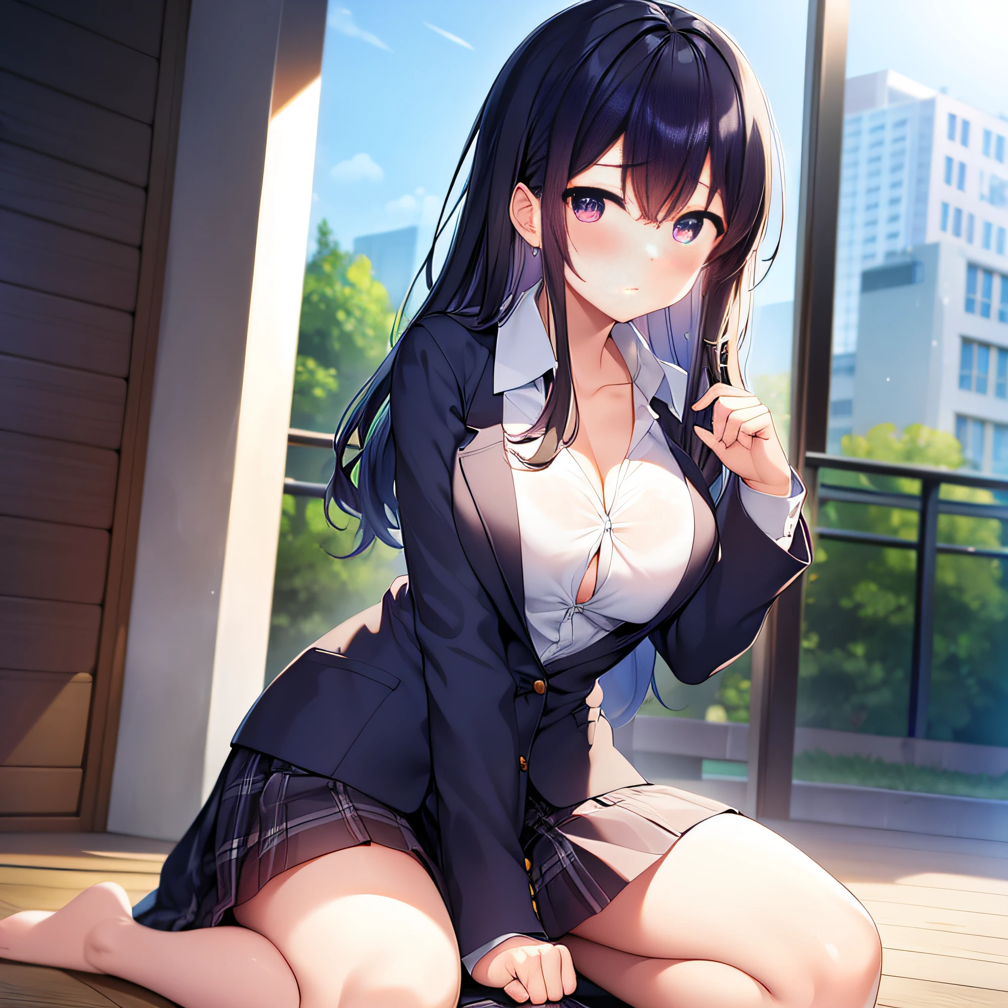 top-quality、Photorealsitic、8K picture quality、hight resolution、女の子 1 人、sixteen years old、Random Hair Styles、hi-school girl、Half-taken uniform、Unbuttoned exposed breasts、Kneel in front of a man and suck his penis、Staring with upward eyes、blushing、Shot from a man's perspective、Bukkake、