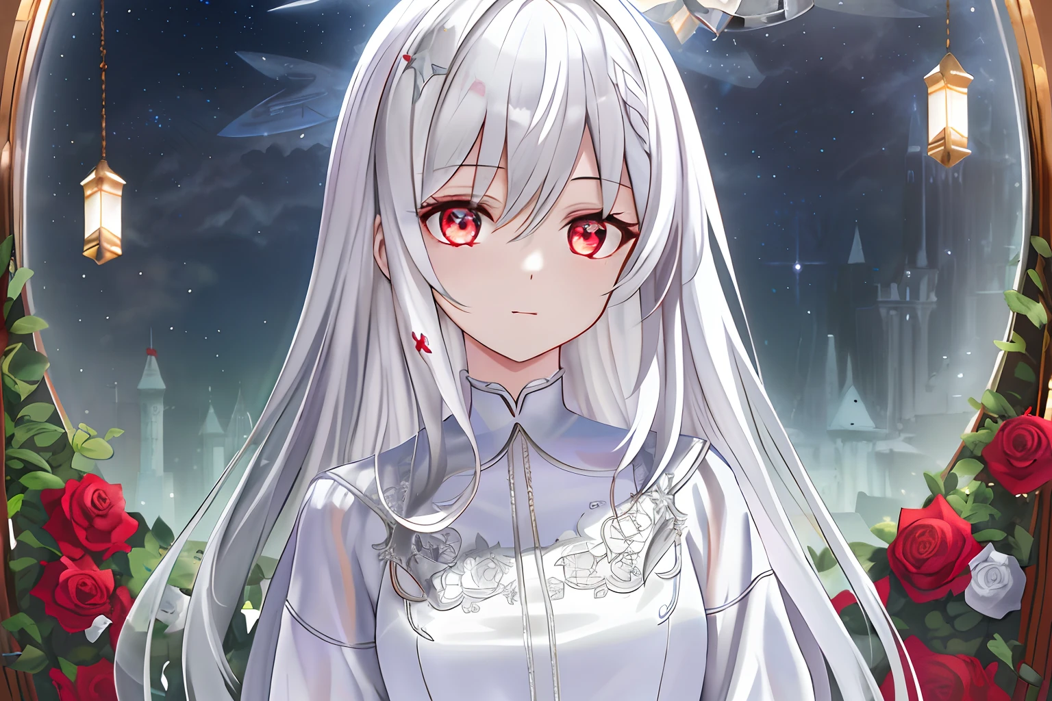 ((Masterpiece, Best quality))++, Detailed light+, Detail hair+, detail hand+ ,1girll, woman, Long hair, dark red eye, Beautiful eyes, Young gray hair,,(Beautiful white hair:1.5),(Beautiful detailed eyes), high resolution+, Rose, White skirt, Glass tones, Reflective eyes, ((Halo)), {{Angle}} , extremelydetailedwallpaper, Original,