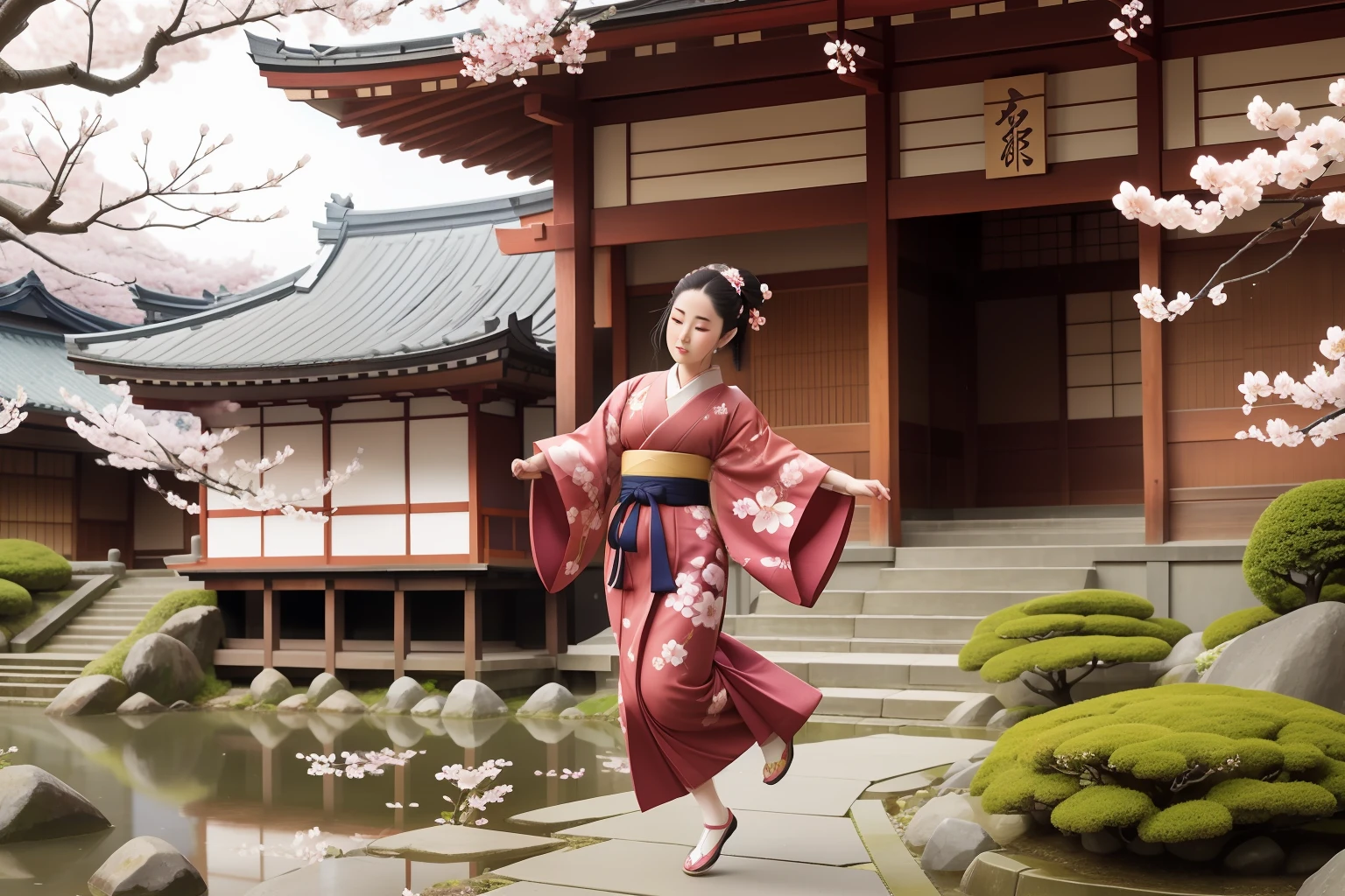 Date: 1914
Location: Kyoto, Japan
Description: A figure clad in an elegant kimono leaps gracefully amidst a blooming cherry blossom garden, capturing the fleeting motion of springtime.