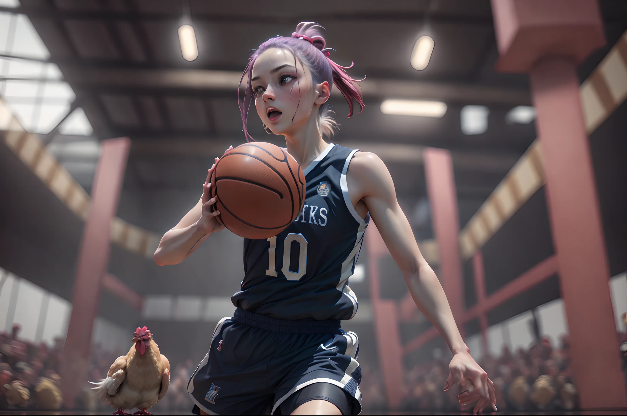 Chicken playing basketball