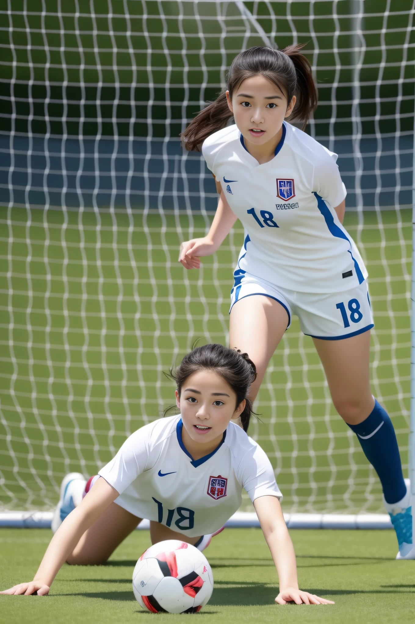 8K、one girls、18age、Cute Japan realistic face、athlete、Tempered body、Women's Soccer Players、Shoot into the goal