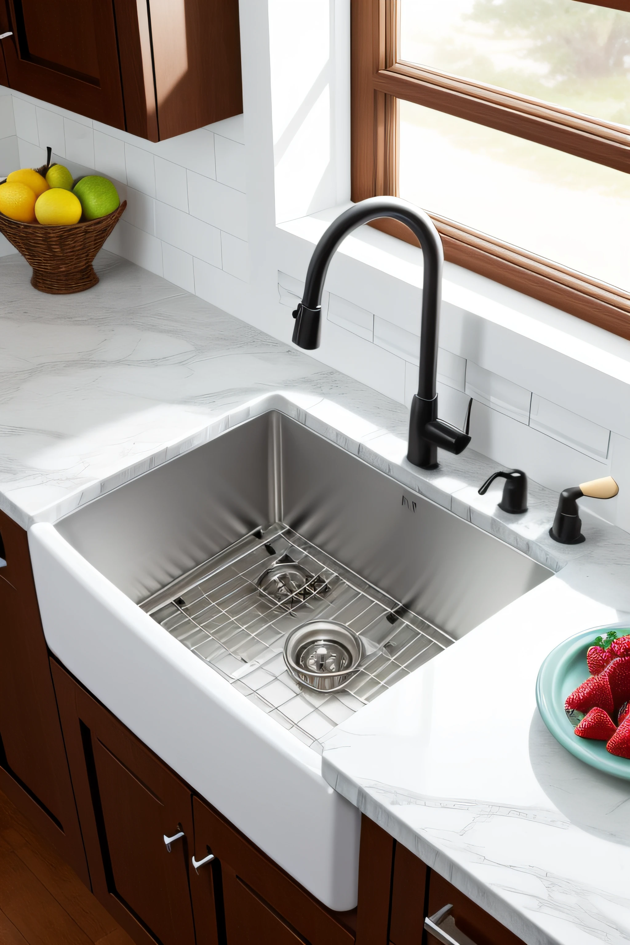 Kitchen sink,White countertop,Show fruit decoration,Highlight magnification,Sink minimalism