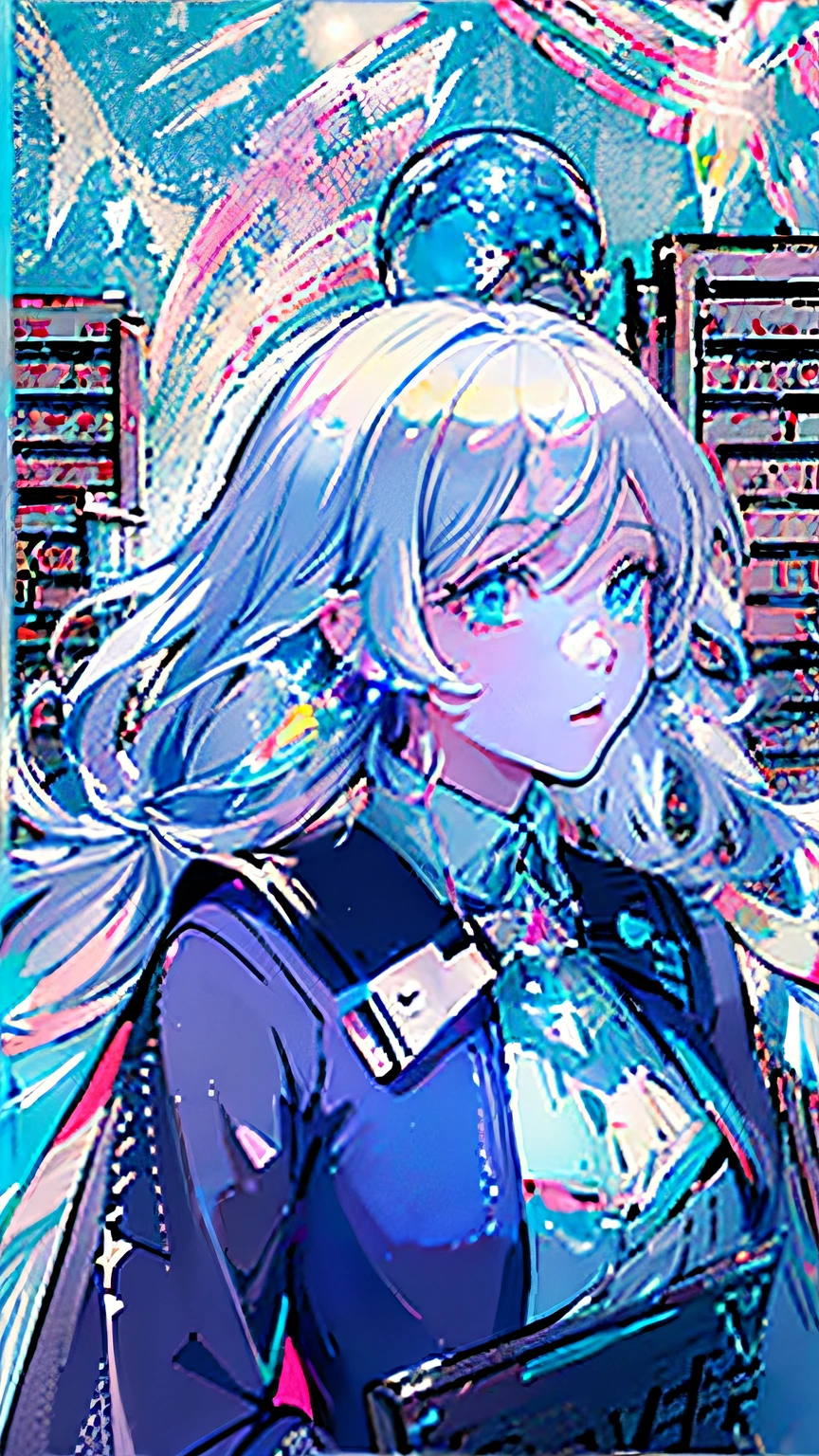 (Highest picture quality),(Master's decoration), (((1girll)))Solo,Long white hair,Blue eyes, (no smile),Best quality,finedetail,Masterpiece, (Magic Book:1.4),(Ultra-detailed),(Detailed eye description:1.2),(Floating colorful wind:1.4),(Tarot border:1.4),(Close-up:1.2),(Looks to the side:1.3),(chaotic geometric images:1.3),(nagative space:0.8),(Drawing board:1.3),(Huge crystal ball and stars behind :1.5),(ether colorful ink flowing:1.3),((Library book sprite background:1.8)),big top sleeves, ((frilld)), Hair_decorations,blueribbon, neck bowtie, macarons, (((Middle breast))),(White pleated skirt:1.2), ((Sharp focus)), ((Masterpiece)), (((Best quality))), ((Extreme tail)), Colorful, hdr, White hair,((Magus)),(Upper body:1.5),(Face the audience:1.5)