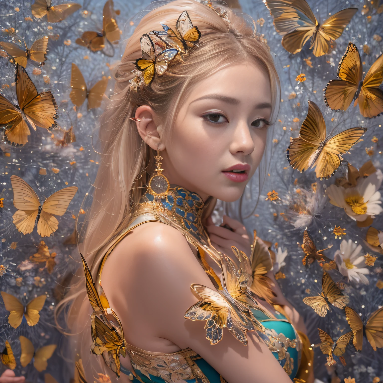 32K（tmasterpiece，k hd，hyper HD，32K）Short flowing light orange hair，Gold jewelry area in the back room，Female fairy ，Silver Gold Dragon Protector （realisticlying：1.4），Python pattern robe，Purple-pink tiara，Gold foam flutters，The background is pure，Hold your head high，Be proud，The nostrils look at people， A high resolution， the detail， RAW photogr， Sharp Re， Nikon D850 Film Stock Photo by Jefferies Lee 4 Kodak Portra 400 Camera F1.6 shots, Rich colors, ultra-realistic vivid textures, Dramatic lighting, Unreal Engine Art Station Trend, cinestir 800，Hold your head high，Be proud，The nostrils look at people，Short light orange hair，Linen vest，Impeccable，Exaggerated and unfounded feelings about one's own importance and talents (pompous). Focus on unlimited butterfly fantasies, influencer, power, information, Beauty, Or perfect love. Attributed to the special and unique，Only the highest quality people should be associated，Purple-pink