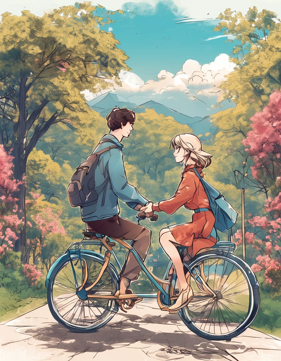 anime,hdr style,illustration,comfyui,nsfw,2.5d,comfy
A man pedals a bicycle, 1 woman sitting on a bicycle,They kiss in the wind,Bikes gallop along mountain roads,romantic couple,Petals are flying all over the sky,baiyun,Blue sky,Far Mountain
