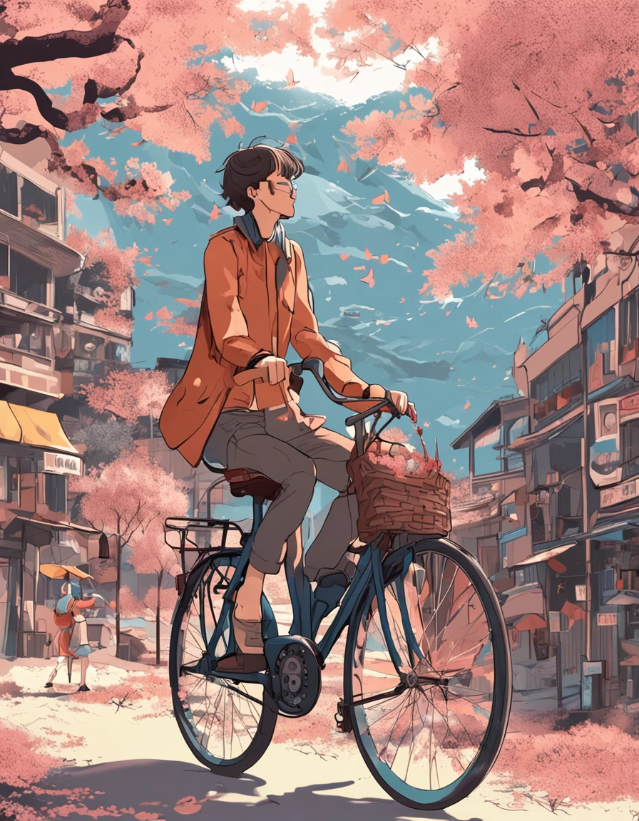 anime,hdr style,illustration,comfyui,nsfw,2.5d,comfy
A man pedals a bicycle, 1 woman sitting on a bicycle,They kiss in the wind,Bikes gallop along mountain roads,romantic couple,Petals are flying all over the sky,baiyun,Blue sky,Far Mountain