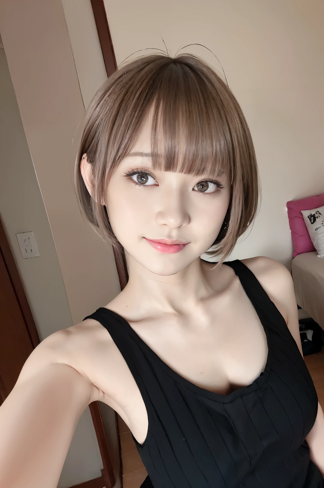 ｛｛selfee、selphie、Selfie wind、Stretch your arms forward｝｝、NSFW、（Show me your cleavage、Big、Thin eyebrows、False eyelashes、cosmetic、Eyeshadow with glitter、Peach-colored cheeks、Brown hair、Chocolate eyes、Pink lip、bowl cut、afro、Cover both eyes with bangs、Medium Hair、Bedroom、natta、room light、A smile、Keep your mouth shut）、Niyashi、Curvaceous、Bust-up shot、The upper part of the body、high-angle shot、close up、Front view、1girl in、top-quality、Very high resolution、Awesome、Beautiful fece、（​masterpiece）、Raw photo、Real person、Photorealsitic、a portrait photo of、Fine-grained skin、20yr old、shinny skin、Delicate skin、Detailed face、Amazing face、Japan idol、cute little、A slender、Bokeh