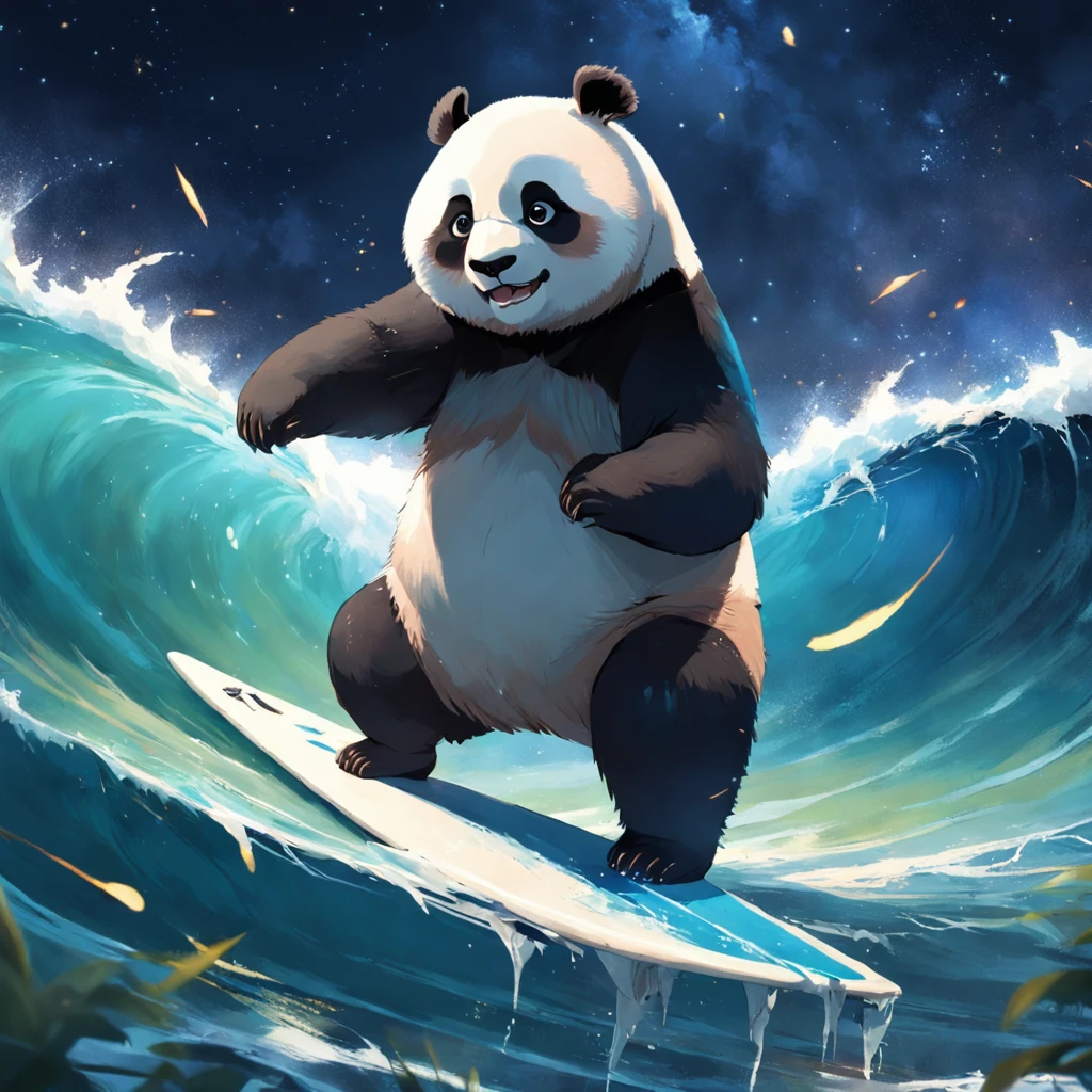tmasterpiece,best qualityer,cinematic Film still from,1 panda surfing in the sea,Bright and happy,Soft lighting and warmth,natta,Panda in the forest looking up at the stars,Turn your back to the stars,Starry sky,spark of light