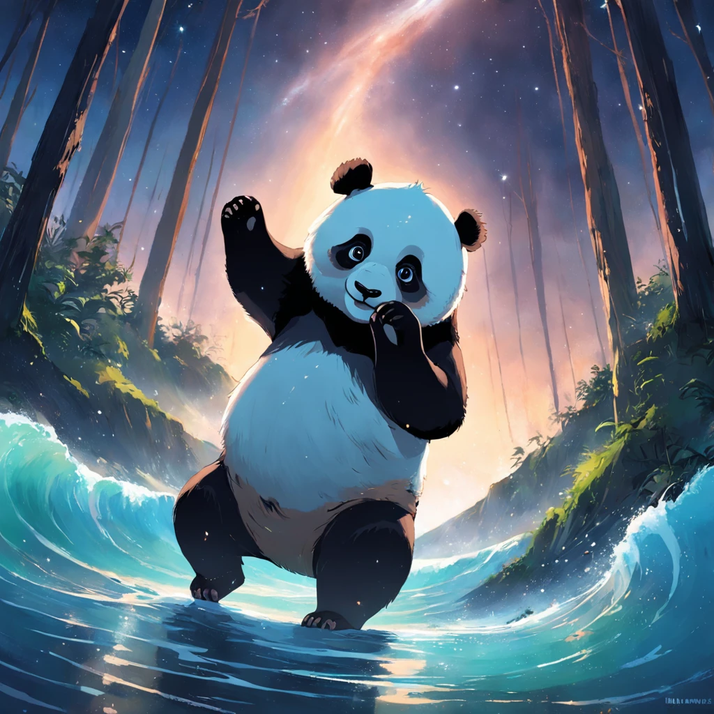 tmasterpiece，best qualityer，cinematic Film still from，1 panda surfing in the sea，Bright and happy，Soft lighting and warmth，natta，Panda in the forest looking up at the stars，Turn your back to the stars，Starry sky，spark of light