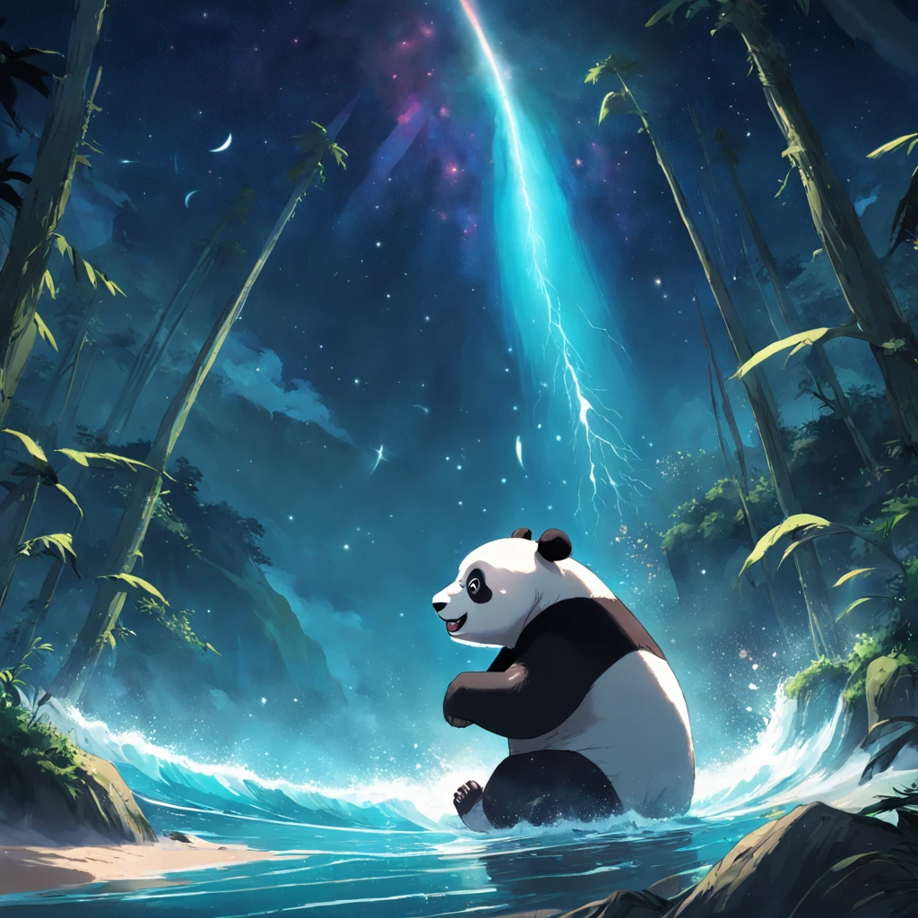 tmasterpiece，best qualityer，cinematic Film still from，1 panda surfing in the sea，Bright and happy，Soft lighting and warmth，natta，Panda in the forest looking up at the stars，Turn your back to the stars，Starry sky，spark of light