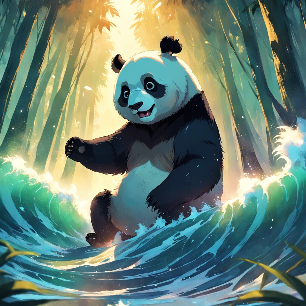 tmasterpiece,best qualityer,cinematic Film still from,1 panda surfing in the sea,Bright and happy,Soft lighting and warmth,natta,Panda in the forest looking up at the stars,Turn your back to the stars,Starry sky,spark of light