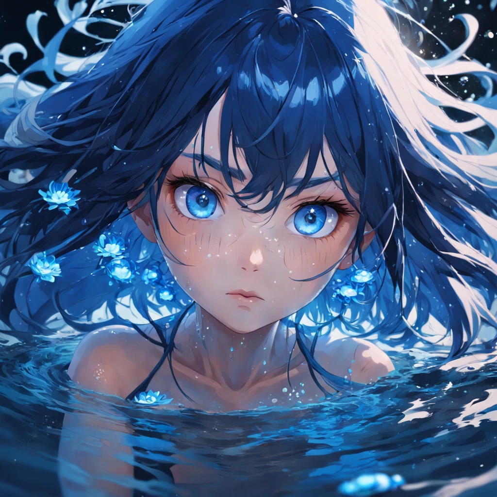 An extremely close up portrait with low exposure inspired by the cover art of Wind of Change by MAXPVNK, of a dark blue haired girl facing the camera, her face submerged up to nose level in clean, still, glowing neon blue lent water, only her blue eyeballs visible shining brightly in focus beneath the glowing surface looking directly at the viewer, small delicate blue flowers decorating her hair, against a dark blurred background, intricate water ripples radiating from her nose, digital painting in highly detailed niji anime art style, --ar 1:1 --niji