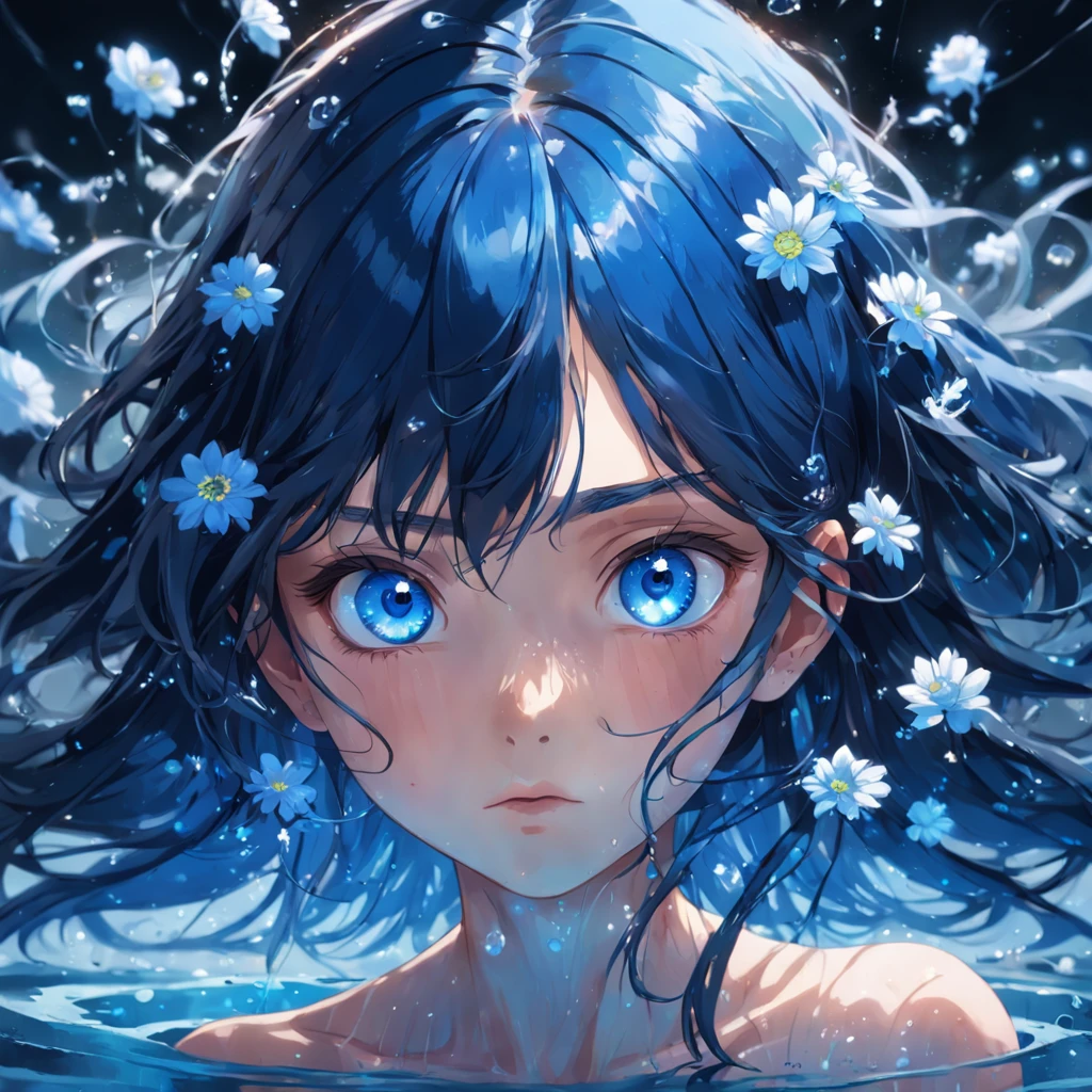 An extremely close up portrait with low exposure inspired by the cover art of Wind of Change by MAXPVNK, of a dark blue haired girl facing the camera, her face submerged up to nose level in clean, still, glowing neon blue lent water, only her blue eyeballs visible shining brightly in focus beneath the glowing surface looking directly at the viewer, small delicate blue flowers decorating her hair, against a dark blurred background, intricate water ripples radiating from her nose, digital painting in highly detailed niji anime art style, --ar 1:1 --niji