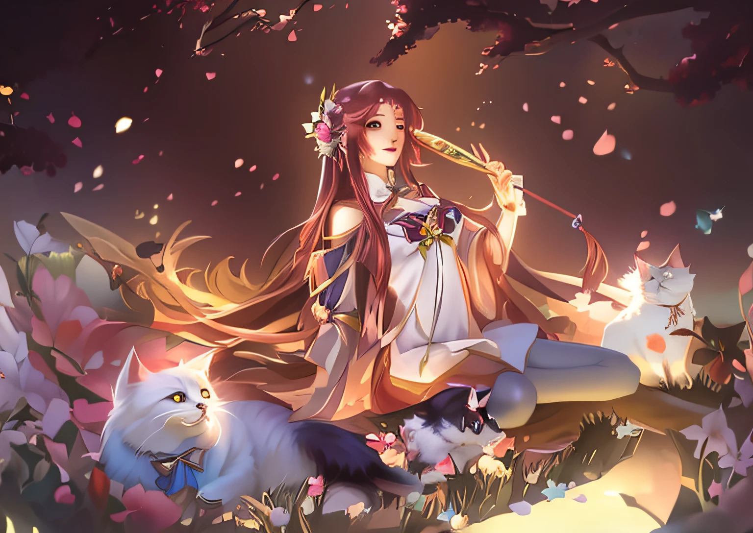 Anime girl with long hair sitting on a rock with two cats, ahri, portrait of ahri, Fantasy art style, seraphine ahri kda, Anime fantasy illustration, by Yang J, ahri from league of legend, ! Dream Artgerm, Anime fantasy artwork, Very beautiful anime cat girl, full-body xianxia, Alice X.Antique gentle