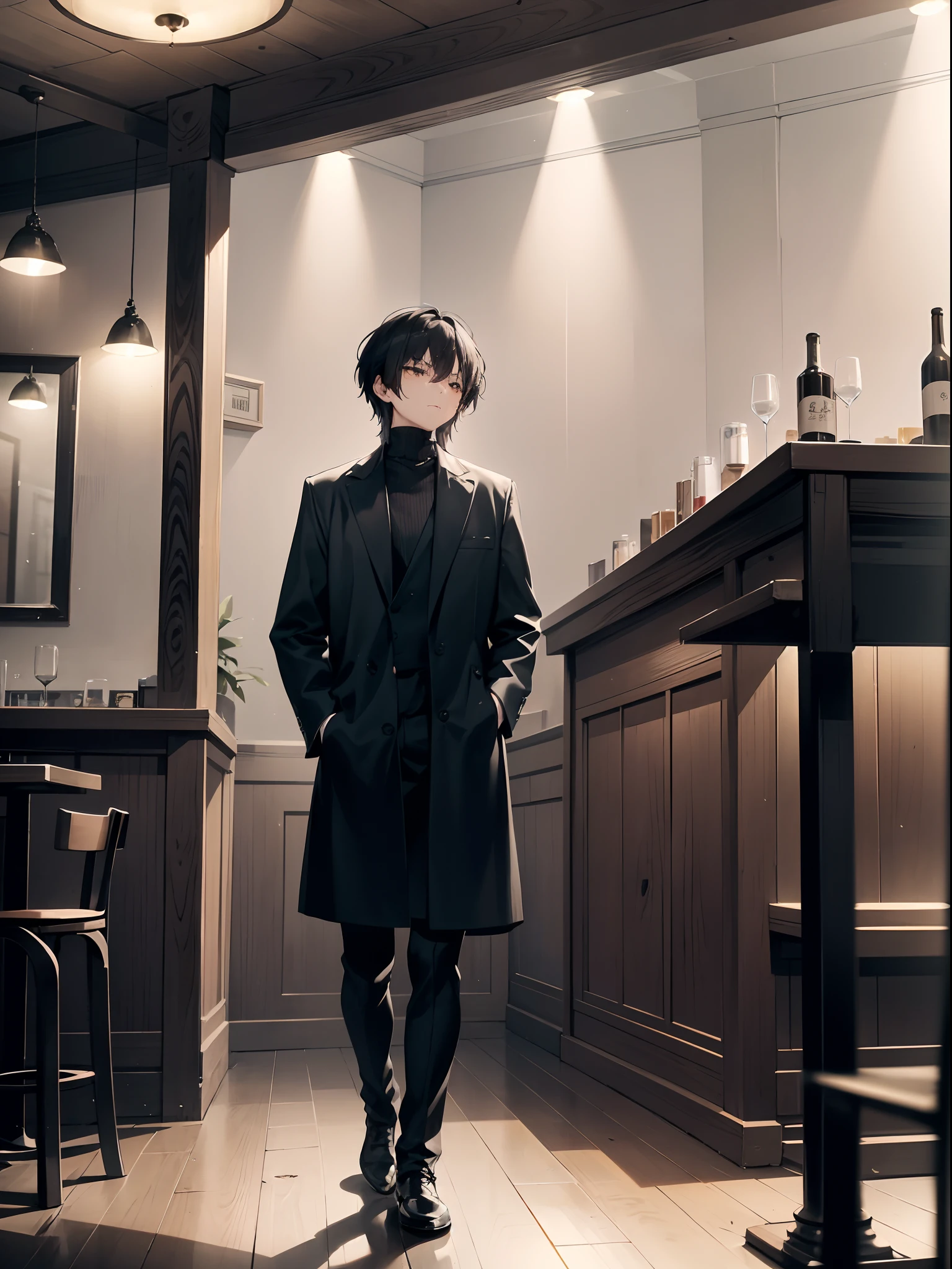 ,Masterpiece, Best quality,8K, 超高分辨率,The protagonist walks into a music bar alone,The lighting is dim and soft。Singers on stage sing lyrical songs,A sad melody echoes throughout the bar。The protagonist sits quietly at the bar,Revel in the melancholy of the song in silence。