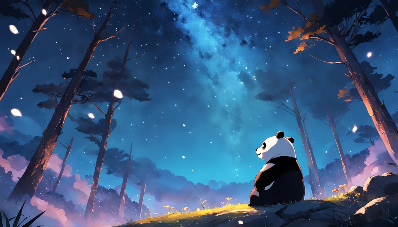 tmasterpiece, best qualityer, cinematic Film still from, 1 panda, Panda Cloud, brightly, cheerfulness, Soft lighting and warmth, natta, Panda in forest looking up at the sky,catching stars, Starry sky, (spark of light:0.7)