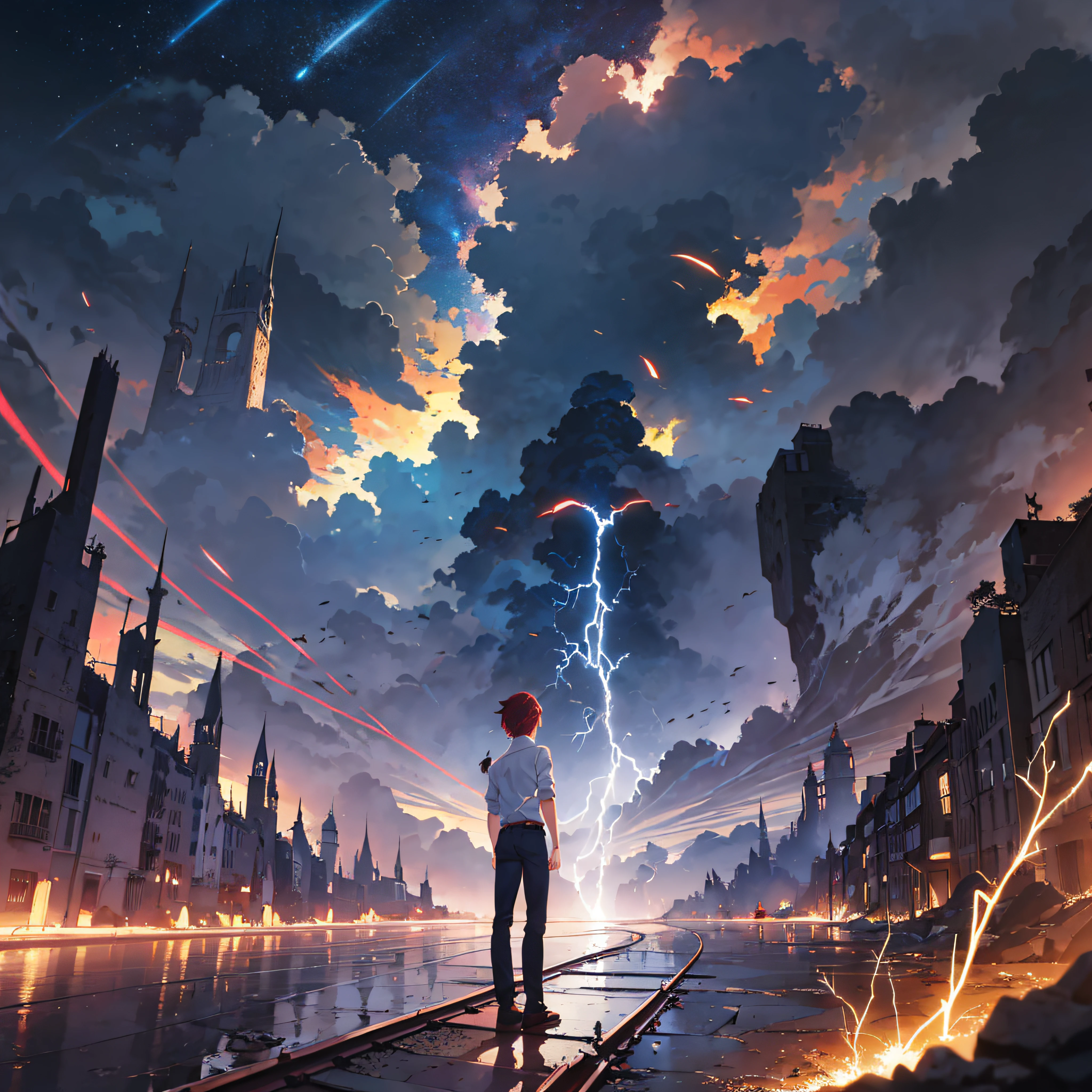 eldritch horror prophecy, creatures, lightning from skies, lava from ground, a figure of man standing in front, masterpiece, through bodies of water on tracks, bright starry sky. Romantic train, Makoto Shinkai's picture, pixiv, concept art, lofi art style, reflection. by Makoto Shinkai, lofi art, Beautiful anime scene, Anime landscape, detailed scenery —width 672, in style of Makoto shinkai, style of Makoto shinkai, enhanced details, 1 girl, red hair, yellow eyes, makima,unbuttoned shirt with collar, on the chest, a lot of, black unbuttoned pants, wide hips.