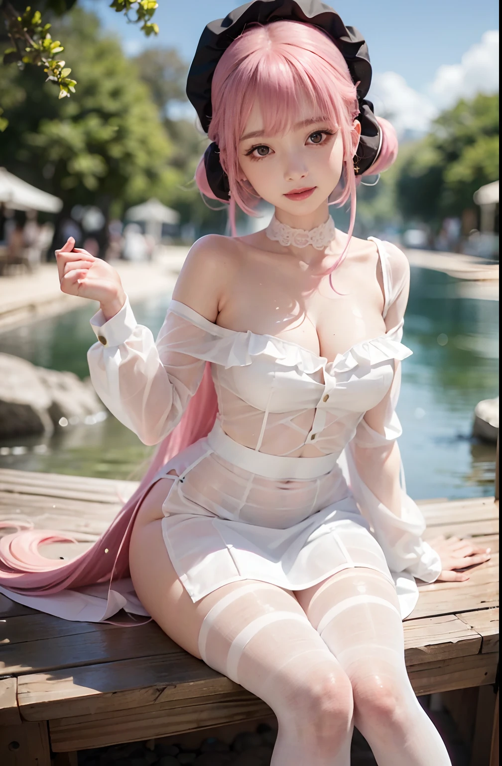 8k resolution, high resolution, single, girl, fair skin, big eyes, long eyelashes, sweet silkworm, deep eyes, lipstick, smile, ((pink hair)), messy hair, hair details, face details, ((white slip shirt)), ((black dress)), summer sun, nature, cute little animals, cute girl, silly cute, girly, white tights