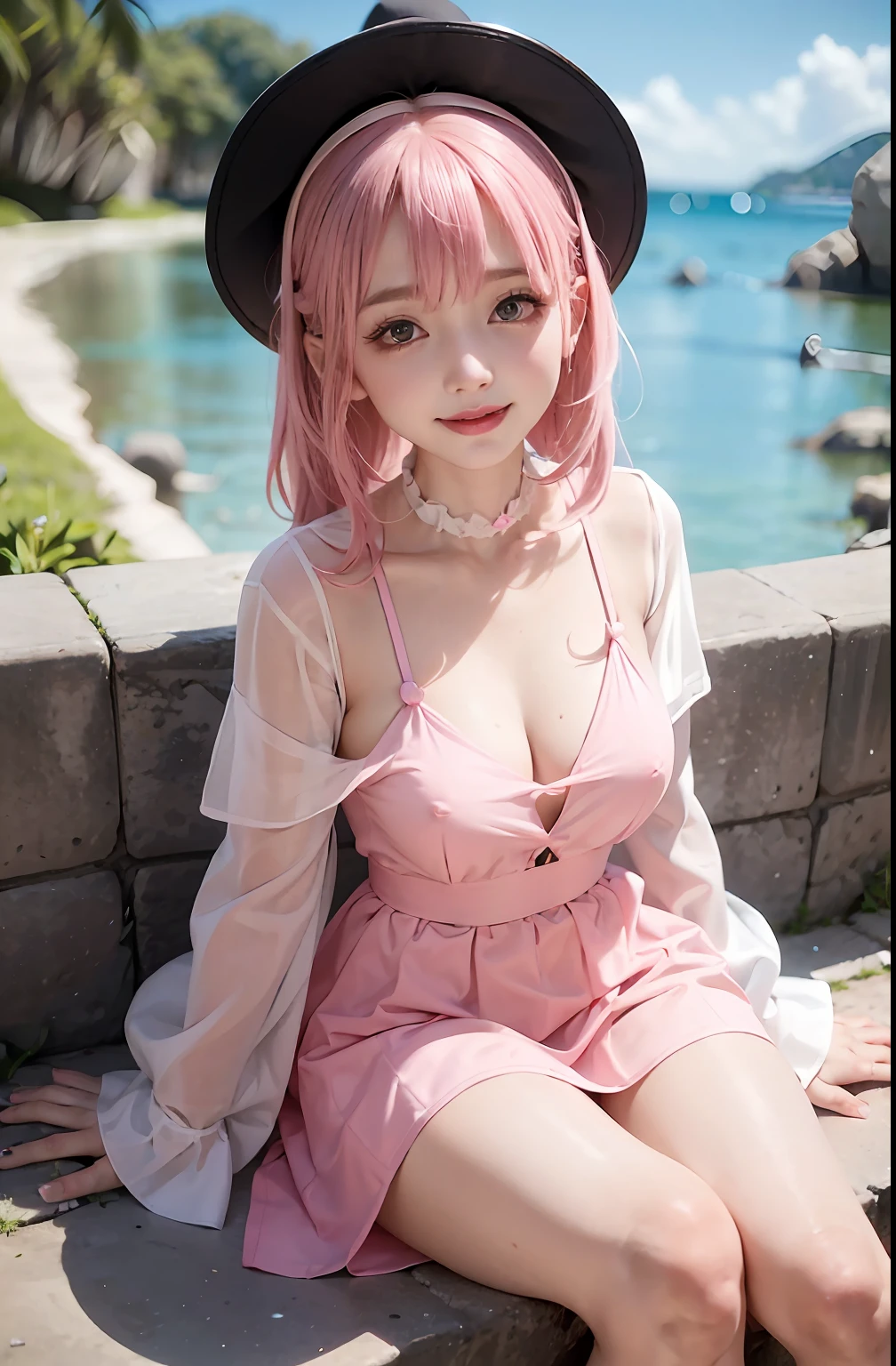 8k resolution, high resolution, single, girl, fair skin, big eyes, long eyelashes, sweet silkworm, deep eyes, lipstick, smile, ((pink hair)), messy hair, hair details, face details, ((white slip shirt)), ((black dress)), summer sun, nature, cute little animals, cute girl, silly cute, girly, white tights